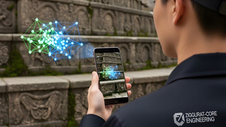 Man showing man holding a smartphone displaying augmented reality data overlay on ancient stone...