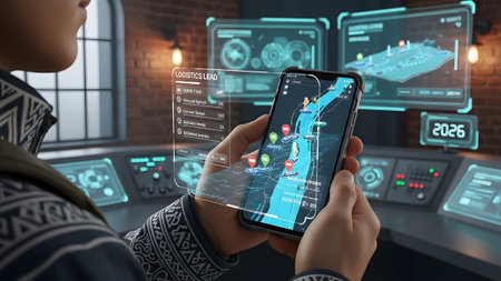 (737) showing logistics lead using a futuristic holographic interface on a smartphone displaying...