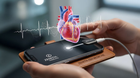 Hands hold a smartphone showing a holographic heart and ECG waves, connected by a probe.