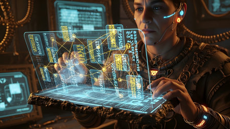 Ppaa showing man in futuristic attire interacts with a glowing holographic interface displaying...