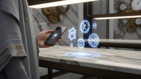 With showing hand holding smartphone with holographic and on a marble countertop...の写真素材