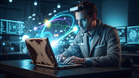 A man in a suit analyzes holographic data streams and glowing network connections on a...