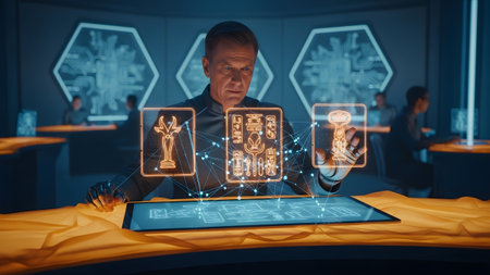 A man in a dark uniform interacts with a glowing holographic interface displaying ancient...