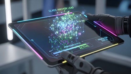With showing hand in glove holding tablet with glowing network visualization and status...