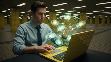A man in a light blue shirt and tie types on a yellow laptop, with a green digital network...
