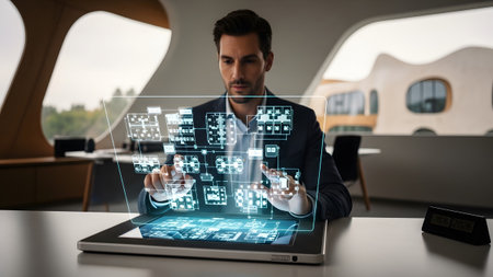 Man in suit touches transparent holographic blueprint projected from tablet in a sleek, modern...