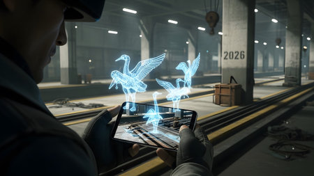 Industrial showing man in industrial warehouse holding smartphone displaying holographic cranes.