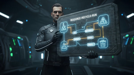 A man in a futuristic suit holds a digital board displaying a resource recycle run flowchart.