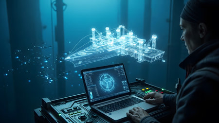 Man showing man in dark room using laptop displaying holographic offshore platform blueprint...