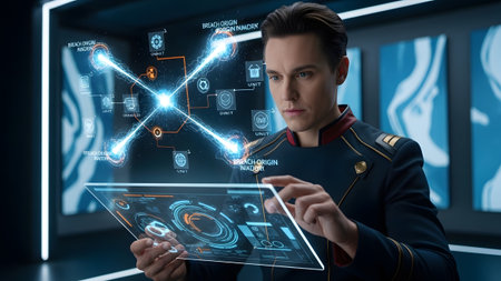 Blue showing man in futuristic uniform analyzing holographic data interface with glowing blue...