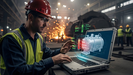 Flying showing industrial engineer in hard hat uses laptop with holographic display of machinery...