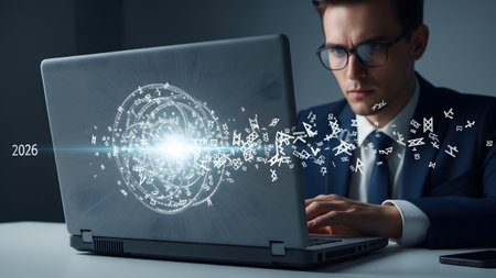With showing man in suit using laptop with glowing white rune circle and data streams...