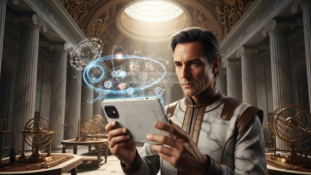 A man in a marble-patterned robe holds a smartphone displaying holographic atomic orbits and...