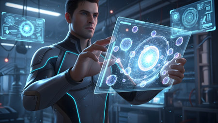A man in a futuristic suit holds a transparent tablet displaying a glowing blue atomic structure...