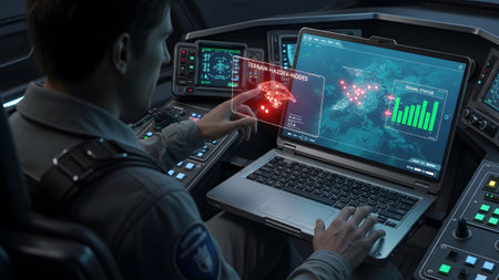 An operator in a cockpit uses a laptop and a holographic display showing terrain hazard data...