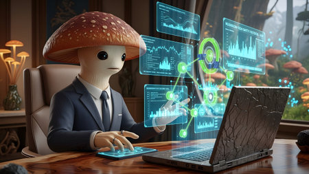 A mushroom-headed figure in a suit sits at a desk, interacting with multiple holographic data...の写真素材
