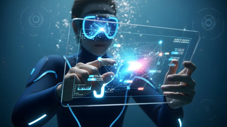 A person wearing blue VR goggles interacts with a glowing blue digital interface.