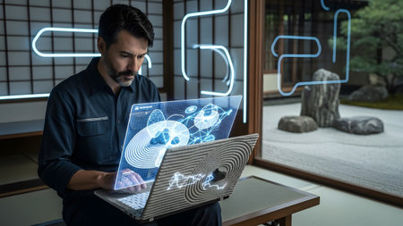A man with a beard works on a laptop with a holographic screen in a serene room with Japanese