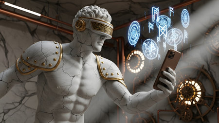 With showing marble statue wearing vr headset and armor holding smartphone with holographic...の写真素材