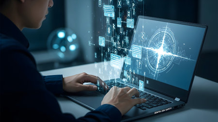 A person types on a laptop showing a bright digital compass and cascading data streams....