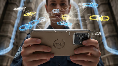 Hands hold a smartphone displaying a holographic network of colorful devices and data links in...