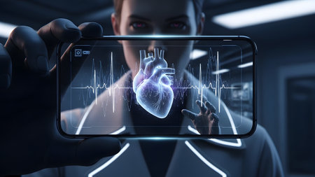 Electrocardiogram showing person holding smartphone displaying holographic human heart and...の写真素材