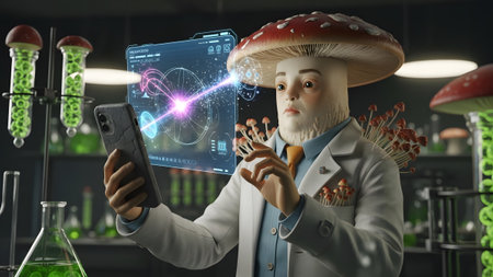 A mushroom person in a lab coat holds a smartphone projecting a holographic science diagram in a...の写真素材