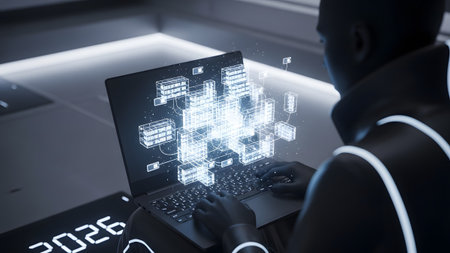 A person's hands are on a laptop keyboard with a bright white abstract digital network of...