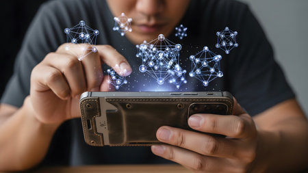A man's hands hold a smartphone displaying a digital network overlay with glowing nodes.の写真素材