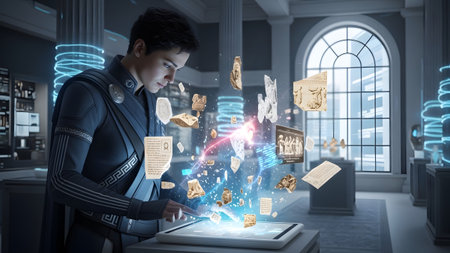 With showing person in futuristic uniform interacting with floating ancient artifacts and...