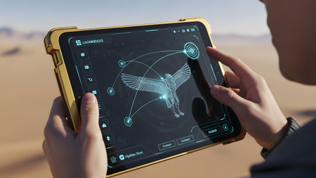 Ppaa showing person holding gold tablet displaying ancient winged creature hologram in desert....