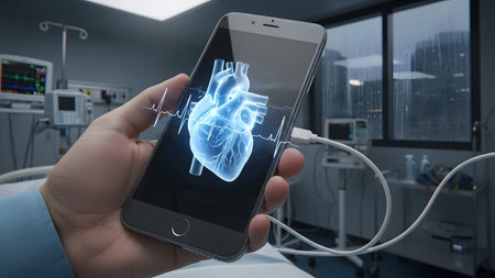 A hand grips a smartphone showing a luminous holographic heart and ECG readings within a...