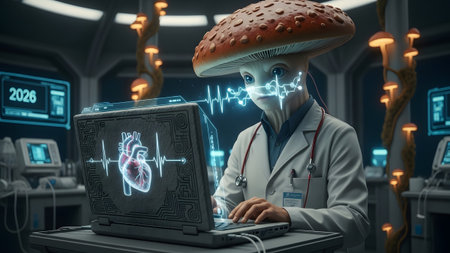 A mushroom-headed alien in a lab coat uses a laptop showing a heart monitor and medical data in...の写真素材