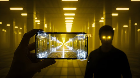 A smartphone a digital hallway with exit signs, while a shadowy figure with glowing eyes looms.の写真素材