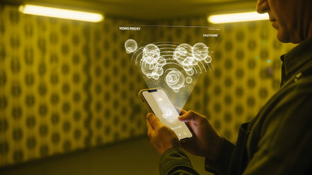 Person holding smartphone displaying holographic data with abstract spheres and...