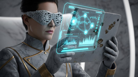 A person wearing ornate white goggles and a grey suit analyzes a bright blue holographic display...の写真素材