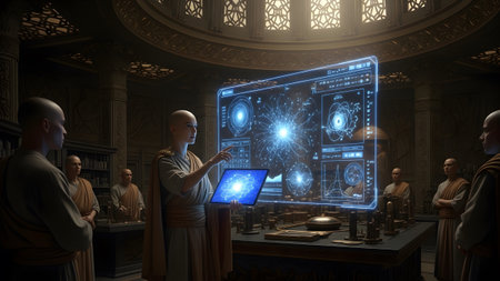 Monks in a grand chamber gather around a large holographic display showing atomic structures and...