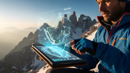 A man on a snowy mountain peak uses a tablet displaying an interactive holographic map with...