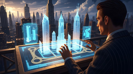 A man in a suit touches a digital table displaying holographic city buildings and a complex road...