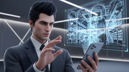 A man in a suit gestures towards a holographic architectural blueprint projected from his...