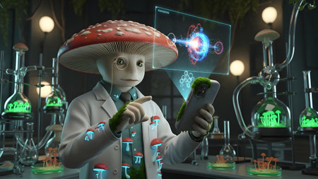A mushroom scientist in a lab coat interacts with a smartphone displaying a holographic...の写真素材