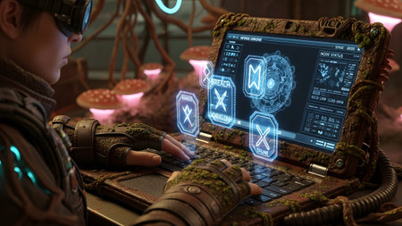 Steampunk-clad person uses a futuristic laptop with a glowing holographic interface in a...