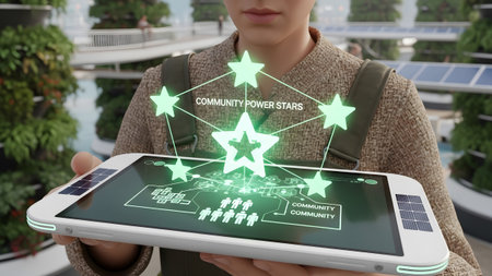 Tablet showing person holding tablet displaying community power stars network and people.