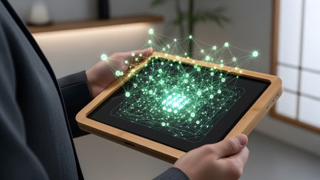 Hands hold a tablet displaying a bright green holographic network of interconnected geometric...