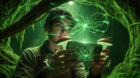 A person holds a smartphone displaying a glowing network of mushrooms and data in a vibrant...の写真素材