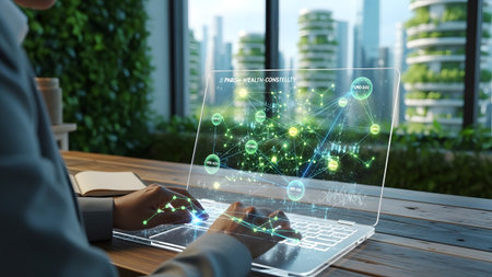 A person's hands interact with a transparent laptop screen showing a glowing network graph...