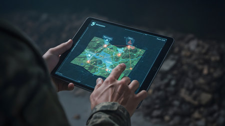 A person's hands hold a tablet displaying a digital map with navigation and signal information...