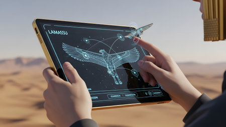 A person touches a holographic Lamassu creature displayed on a tablet screen with a desert...