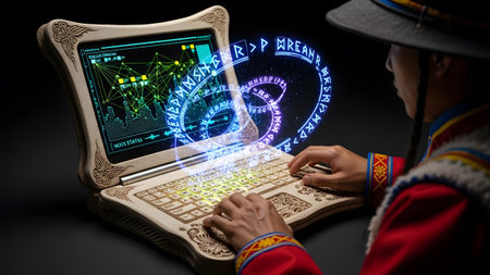 A person wearing traditional attire uses a futuristic laptop displaying glowing runes and...