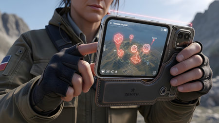 A person in an outdoor jacket uses a smartphone displaying a holographic 3D terrain map with...